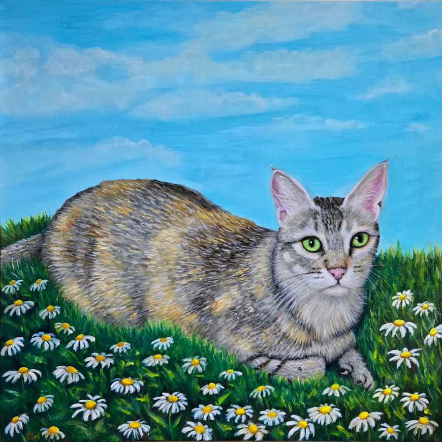 acrylic painting of my cat with daisies
