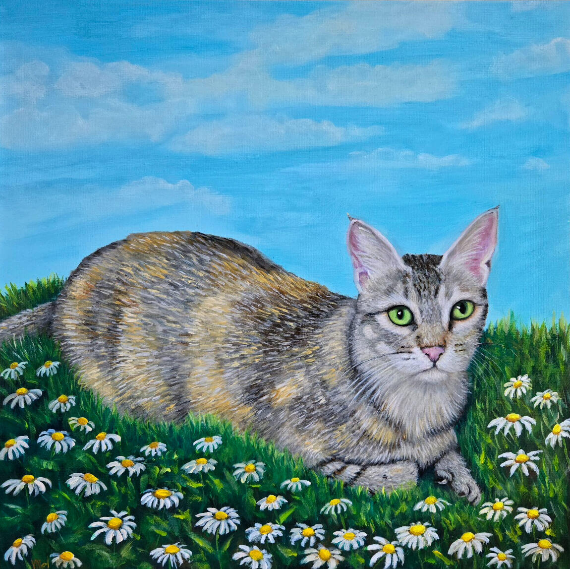 acrylic portrait of my beloved cat with daisies